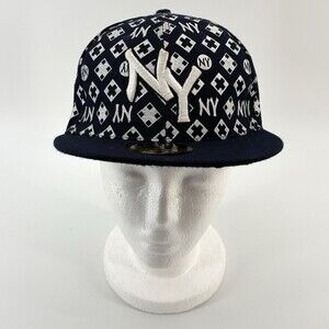 NY Monogram All Over Print Fitted Hat 7 1/8 Navy Blue Novelty Cap  (W9)
